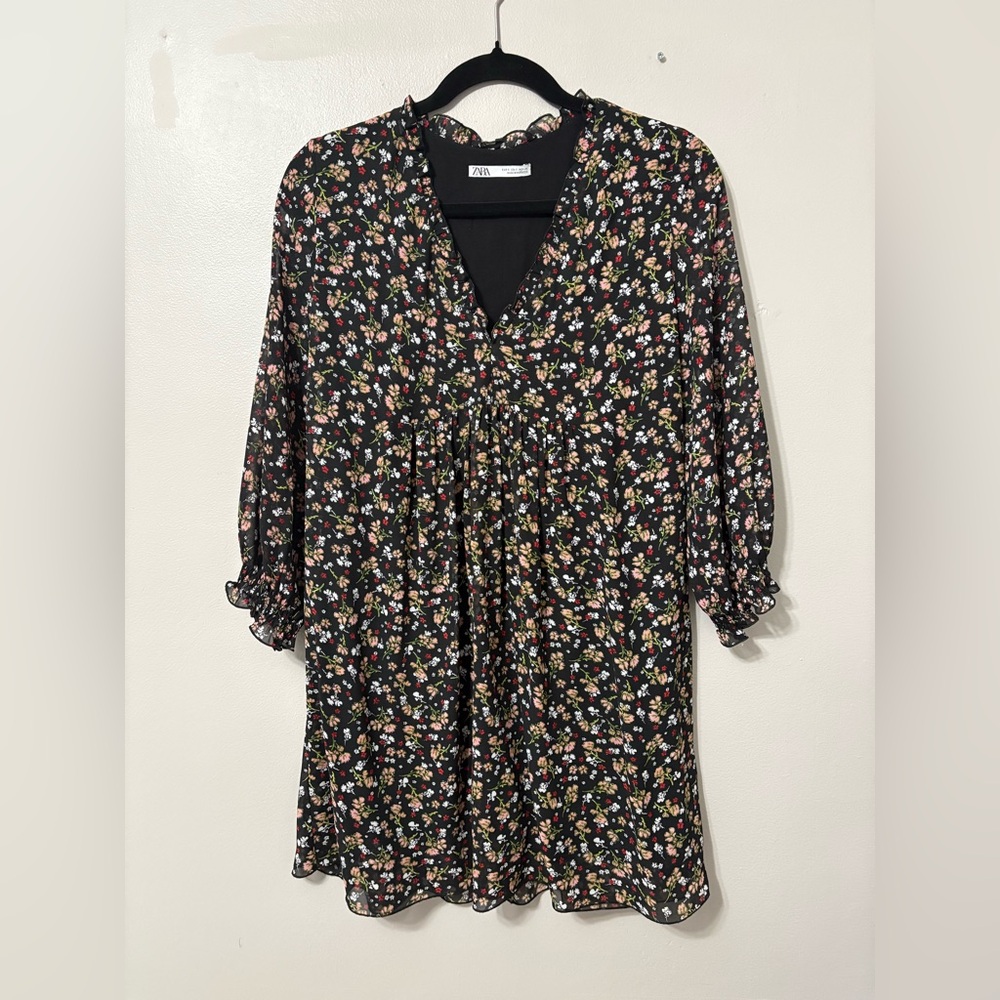 Zara Black Floral Ruffle Dress